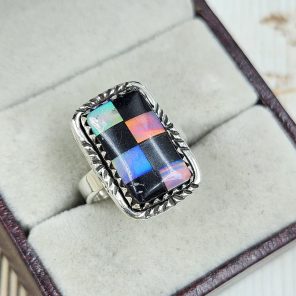 Aurora Opal Checkerboard Size US 6 925 Sterling Silver Ring (REXT67-69)