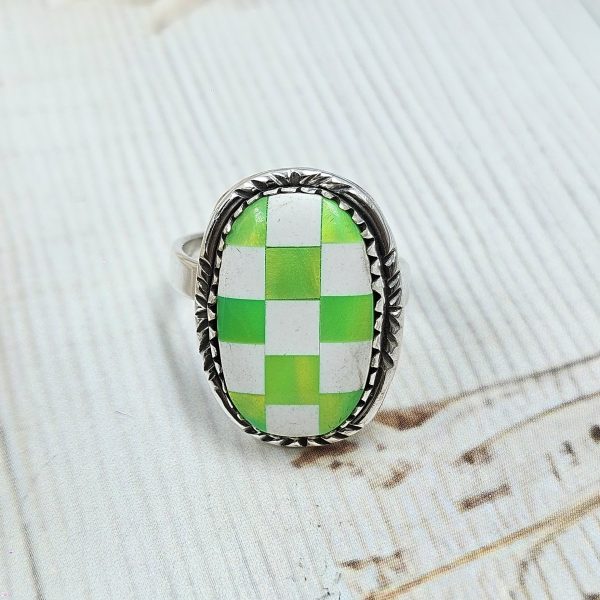 Aurora Opal Checkerboard Adjustable 925 Sterling Silver Ring (REXT67-68) - Image 2
