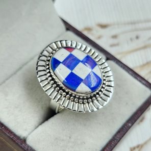 Aurora Opal Checkerboard Size US 9 925 Sterling Silver Ring (REXT67-70)