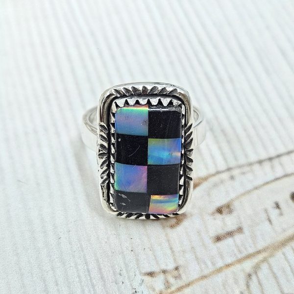 Aurora Opal Checkerboard Size US 6 925 Sterling Silver Ring (REXT67-69) - Image 2