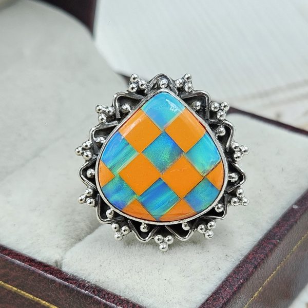 Aurora Opal Checkerboard Size US 7 925 Sterling Silver Ring (REXT67-71) - Image 2