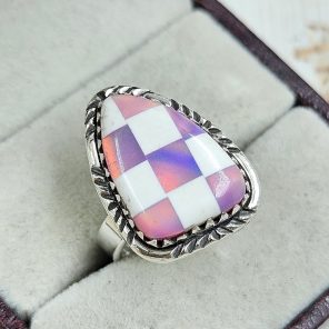 Aurora Opal Checkerboard Size US 7 925 Sterling Silver Ring (REXT67-72)