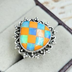 Aurora Opal Checkerboard Size US 7 925 Sterling Silver Ring (REXT67-71)