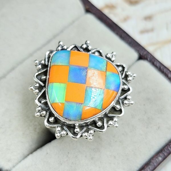 Aurora Opal Checkerboard Size US 7 925 Sterling Silver Ring (REXT67-71)