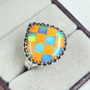 Aurora Opal Checkerboard Size US 11 925 Sterling Silver Ring (REXT67-73)