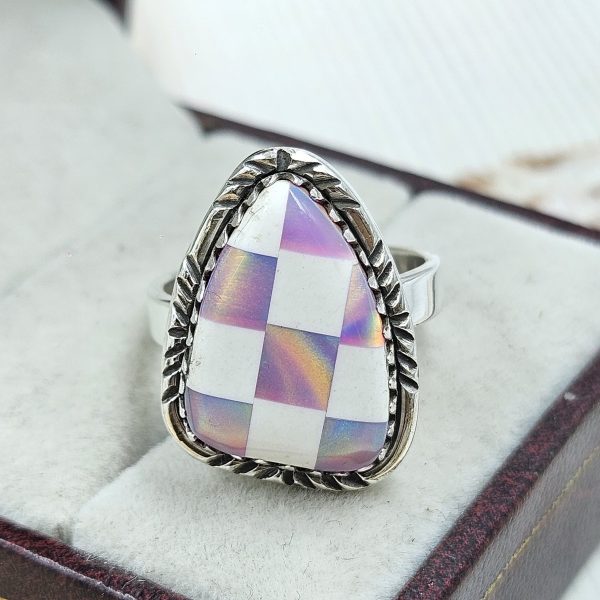 Aurora Opal Checkerboard Size US 7 925 Sterling Silver Ring (REXT67-72) - Image 2
