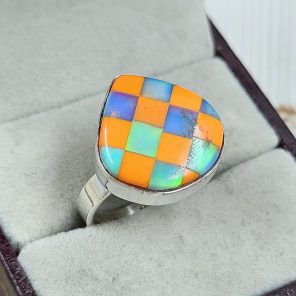 Aurora Opal Checkerboard Size US 8 925 Sterling Silver Ring (REXT67-74)