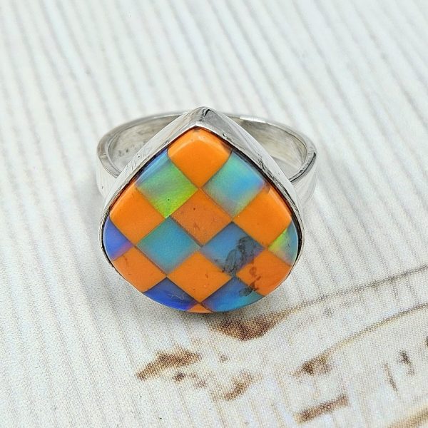 Aurora Opal Checkerboard Size US 8 925 Sterling Silver Ring (REXT67-74) - Image 2