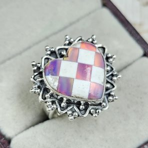 Aurora Opal Checkerboard Size US 6 925 Sterling Silver Ring (REXT67-76)