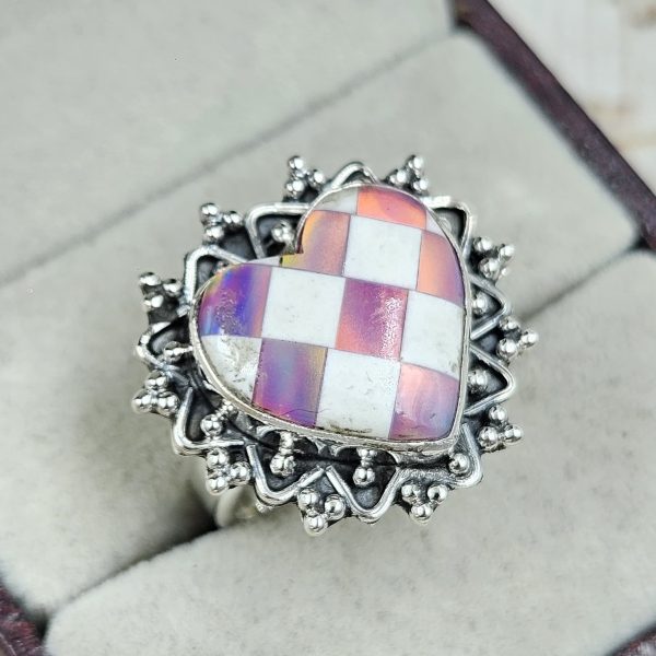 Aurora Opal Checkerboard Size US 6 925 Sterling Silver Ring (REXT67-76)