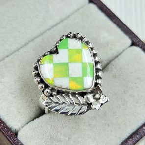 Aurora Opal Checkerboard Size US 9 925 Sterling Silver Ring (REXT67-75)