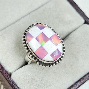 Aurora Opal Checkerboard Size US 6 925 Sterling Silver Ring (REXT67-78)