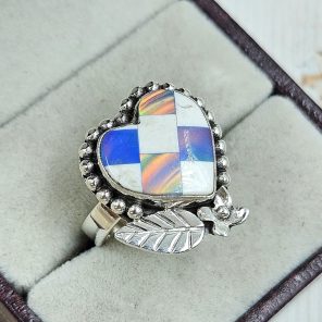 Aurora Opal Checkerboard Size US 8 925 Sterling Silver Ring (REXT67-77)