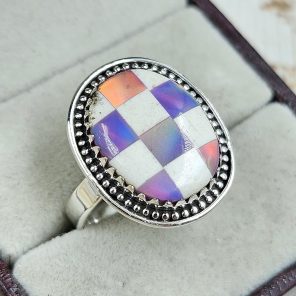 Aurora Opal Checkerboard Size US 9 925 Sterling Silver Ring (REXT67-79)