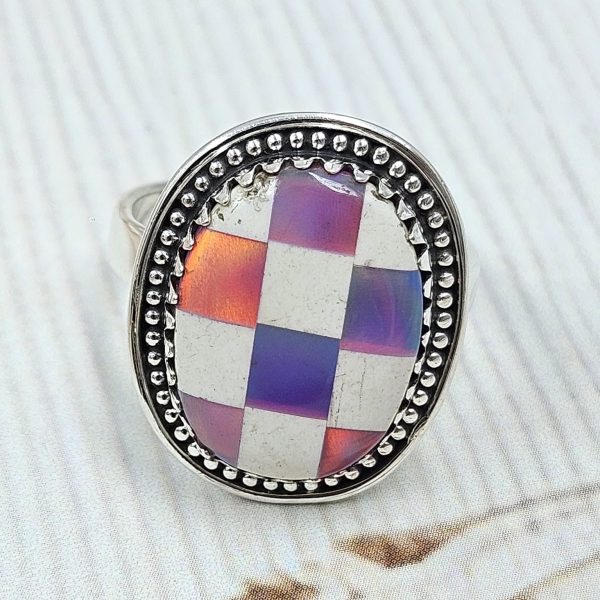Aurora Opal Checkerboard Size US 9 925 Sterling Silver Ring (REXT67-79) - Image 2