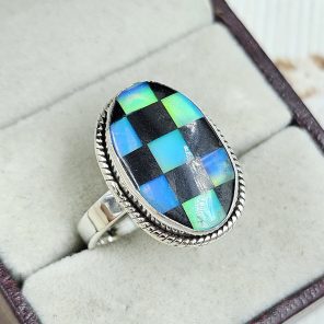Aurora Opal Checkerboard Size US 10 925 Sterling Silver Ring (REXT67-80)