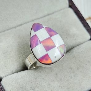 Aurora Opal Checkerboard Size US 6 925 Sterling Silver Ring (REXT67-83)