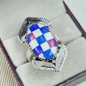 Aurora Opal Checkerboard Size US 10 925 Sterling Silver Ring (REXT67-84)
