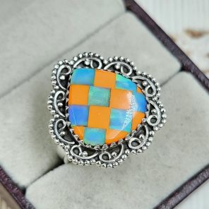 Aurora Opal Checkerboard Size US 9 925 Sterling Silver Ring (REXT67-86)