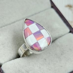 Aurora Opal Checkerboard Size US 6 925 Sterling Silver Ring (REXT67-87)