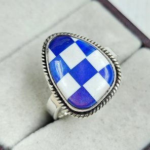 Aurora Opal Checkerboard Size US 9 925 Sterling Silver Ring (REXT67-90)