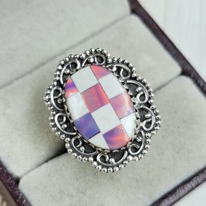 Aurora Opal Checkerboard Size US 9 925 Sterling Silver Ring (REXT67-89)