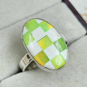 Aurora Opal Checkerboard Size US 10 925 Sterling Silver Ring (REXT67-92)