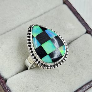 Aurora Opal Checkerboard Size US 7 925 Sterling Silver Ring (REXT67-94)