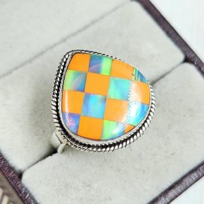 Aurora Opal Checkerboard Size US 9 925 Sterling Silver Ring (REXT67-93)