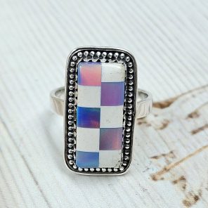 Aurora Opal Checkerboard Size US 9 925 Sterling Silver Ring (REXT67-137)