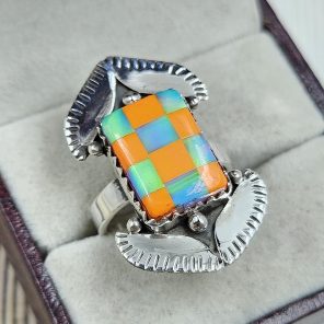 Aurora Opal Checkerboard Size US 8 925 Sterling Silver Ring (REXT67-123)