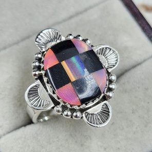 Aurora Opal Checkerboard Size US 9 925 Sterling Silver Ring (REXT67-139)