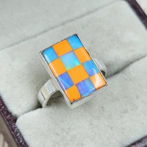 Aurora Opal Checkerboard Size US 7 925 Sterling Silver Ring (REXT67-119)