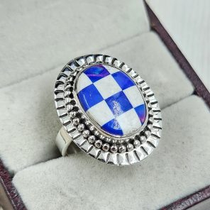 Aurora Opal Checkerboard Size US 8 925 Sterling Silver Ring (REXT67-124)