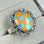 Aurora Opal Checkerboard Adjustable  925 Sterling Silver Ring (REXT67-152)