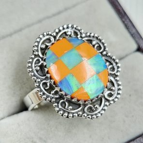 Aurora Opal Checkerboard Adjustable  925 Sterling Silver Ring (REXT67-152)