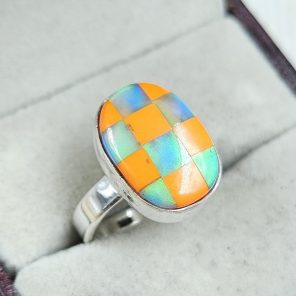 Aurora Opal Checkerboard Size US 7 925 Sterling Silver Ring (REXT67-111)