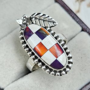 Aurora Opal Checkerboard Adjustable  925 Sterling Silver Ring (REXT67-153)