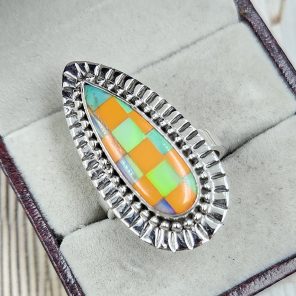 Aurora Opal Checkerboard Adjustable  925 Sterling Silver Ring (REXT67-157)