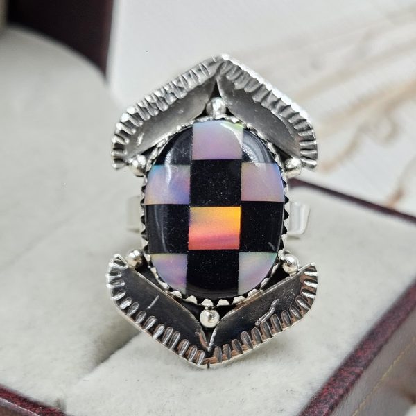 Aurora Opal Checkerboard Size US 7 925 Sterling Silver Ring (REXT67-112) - Image 2