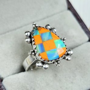 Aurora Opal Checkerboard Size US 8 925 Sterling Silver Ring (REXT67-126)