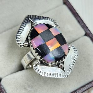 Aurora Opal Checkerboard Size US 7 925 Sterling Silver Ring (REXT67-112)