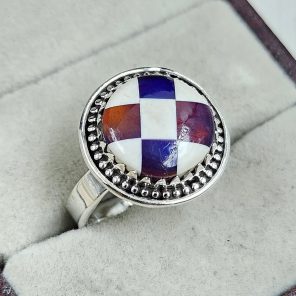 Aurora Opal Checkerboard Size US 7 925 Sterling Silver Ring (REXT67-113)