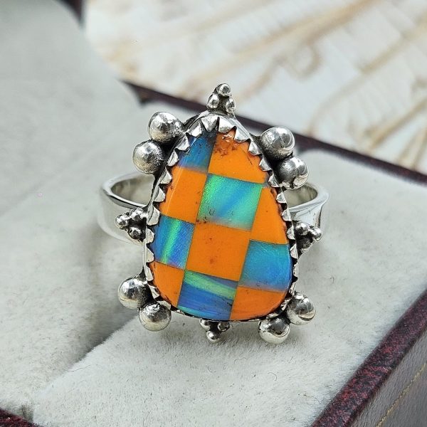 Aurora Opal Checkerboard Size US 8 925 Sterling Silver Ring (REXT67-126) - Image 2