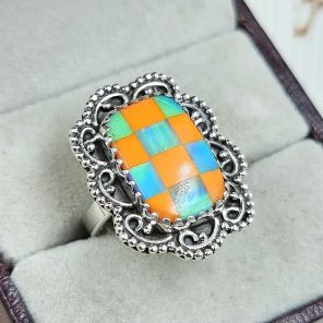Aurora Opal Checkerboard Size US 6 925 Sterling Silver Ring (REXT67-102)