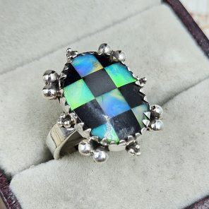 Aurora Opal Checkerboard Size US 6 925 Sterling Silver Ring (REXT67-103)