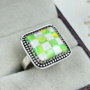 Aurora Opal Checkerboard Size US 8 925 Sterling Silver Ring (REXT67-127)