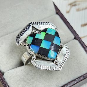 Aurora Opal Checkerboard Size US 8 925 Sterling Silver Ring (REXT67-128)