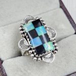 Aurora Opal Checkerboard Size US 8 925 Sterling Silver Ring (REXT67-129)