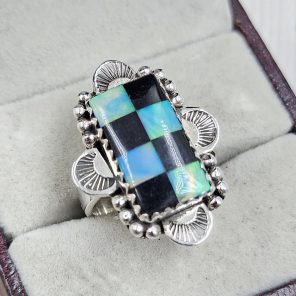 Aurora Opal Checkerboard Size US 8 925 Sterling Silver Ring (REXT67-129)